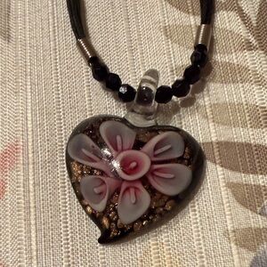 Elegant Glass Heart Pendant Necklace with Pink Floral Design